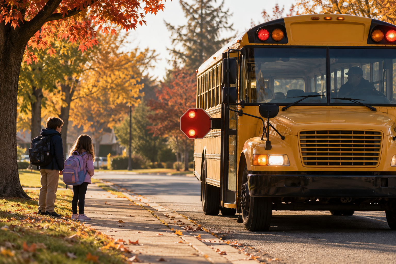 Illustrative photograph of two anonymous children waiting back from a stopped school bus on a generic neighborhood street; it does not show the contest winner or an actual safety-week event.