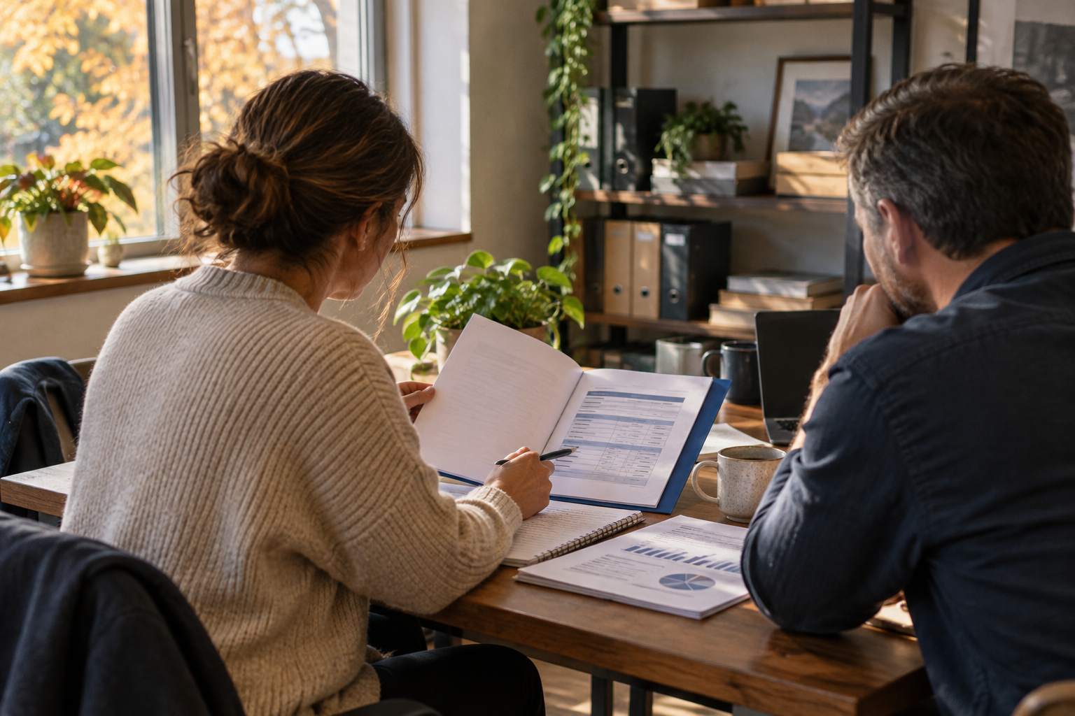 Illustrative photograph of two anonymous colleagues reviewing papers at an office table; it does not show Vistage respondents or a real benefits decision.