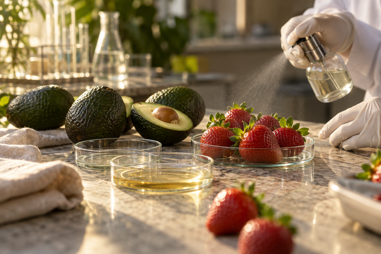Illustrative photograph of a gloved hand spraying strawberries beside avocados and sample dishes; it does not show NIVERA's formulation, test or Rice laboratory.