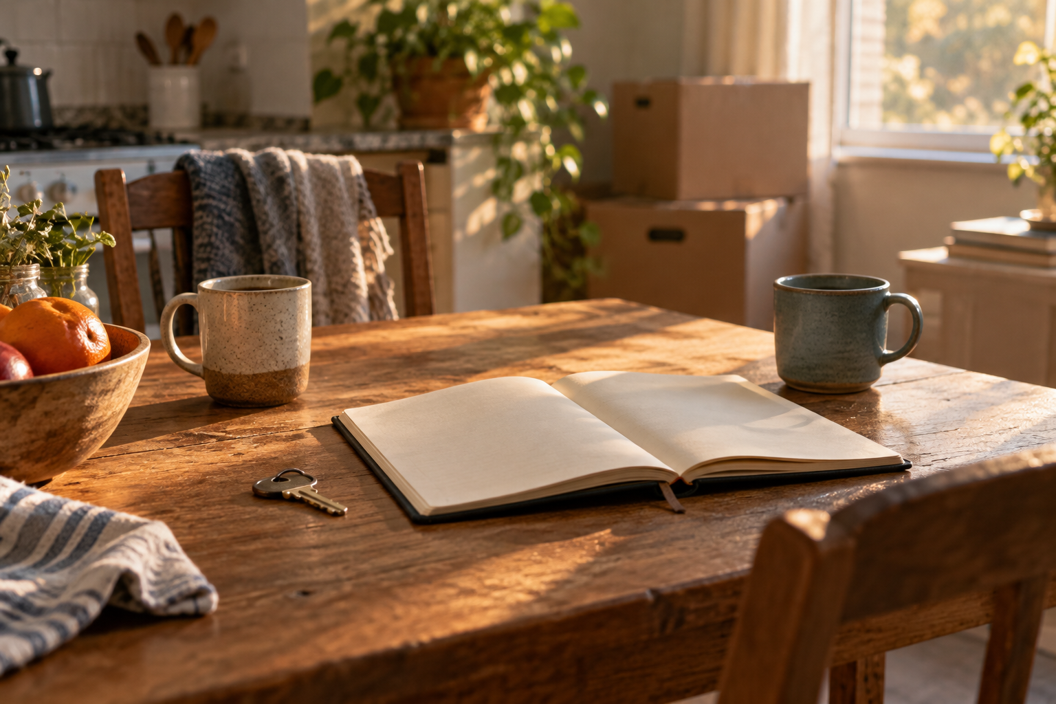 A house key, open notebook and two cups on a kitchen table beside moving boxes.