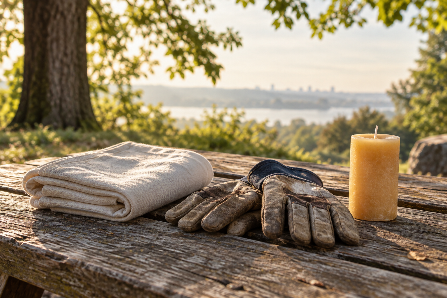 A folded cream cloth, worn work gloves and an unlit beeswax candle rest on a wooden picnic table.