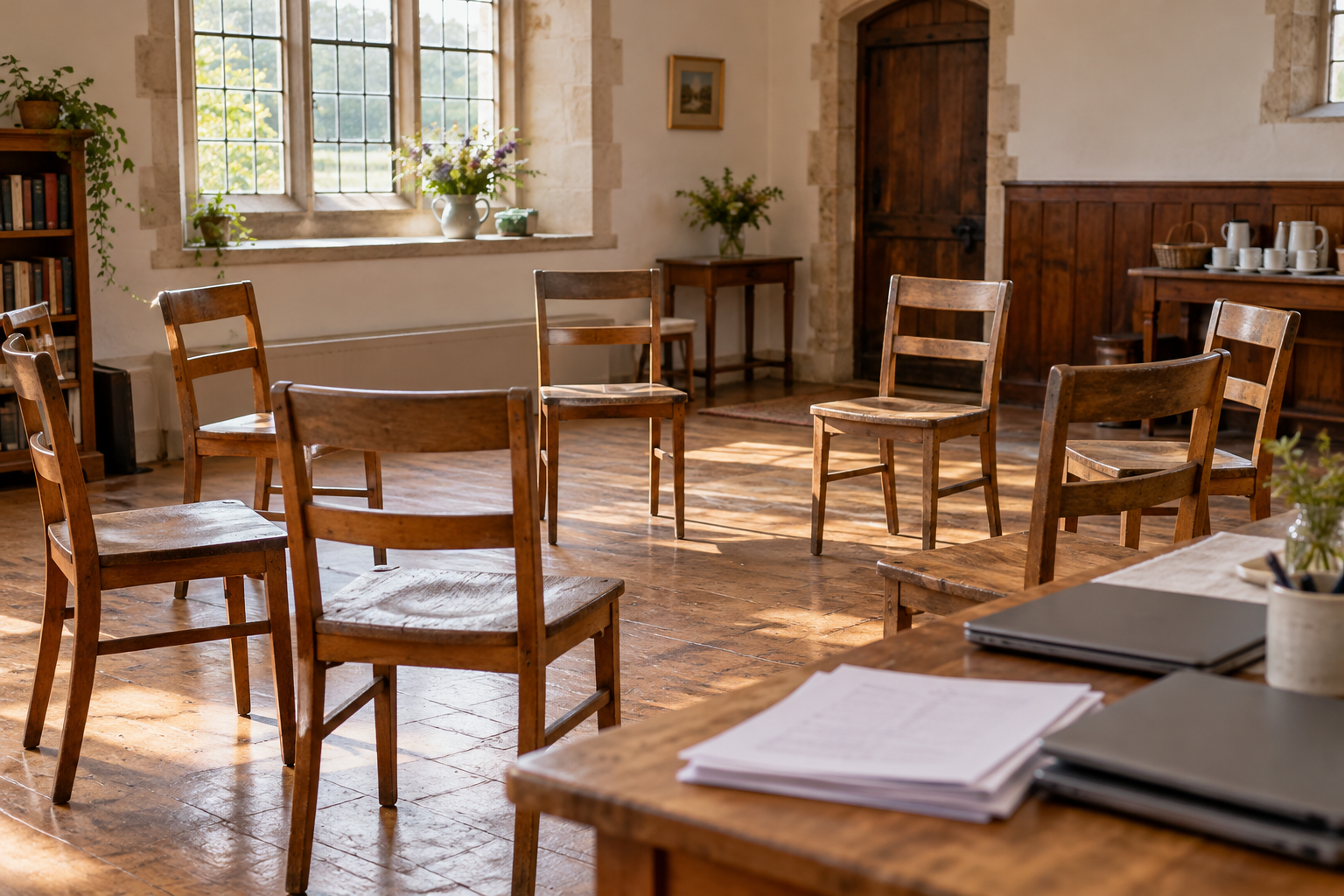 Illustrative photograph of empty chairs, closed laptops and papers in a sunlit parish meeting room; it does not depict the Churches Together in England meeting.