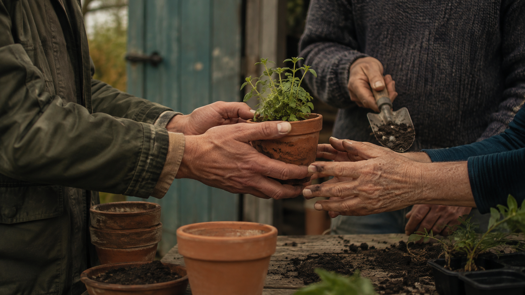 Several hands tend and pass a small potted plant at a garden worktable.