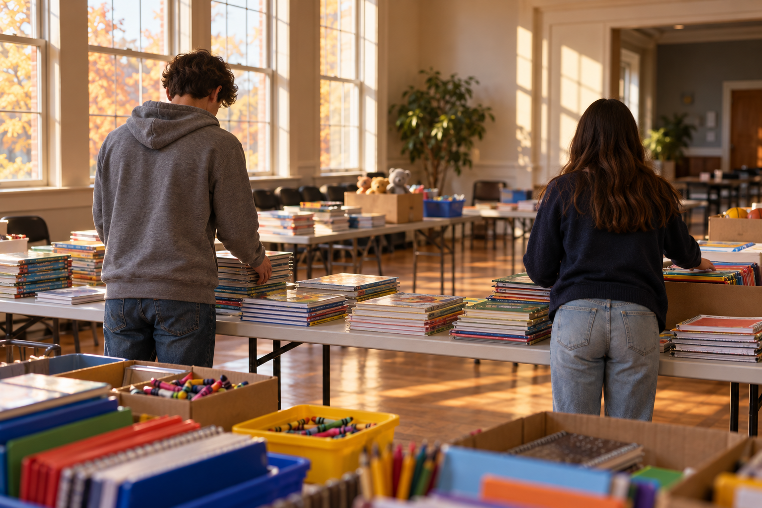 Illustrative photograph of two anonymous young people arranging books and school supplies in a community center; it does not show Brookhaven nominees or award activities.