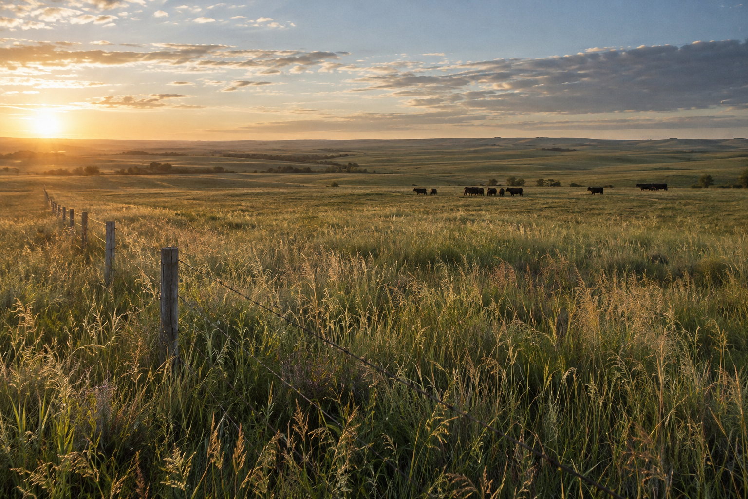 Cattle graze on an open grassland behind a fence at sunrise; an illustrative photograph, not a parcel in the new fund.