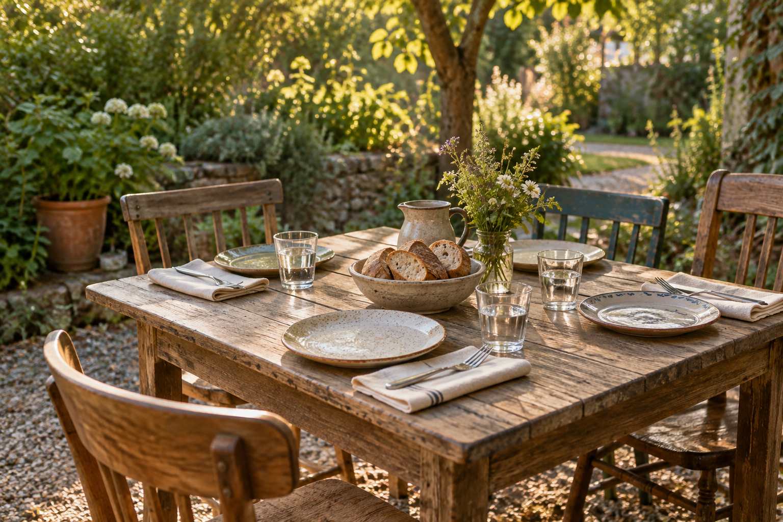 An outdoor table set with ceramic plates, bread and water glasses awaits guests in warm garden light.