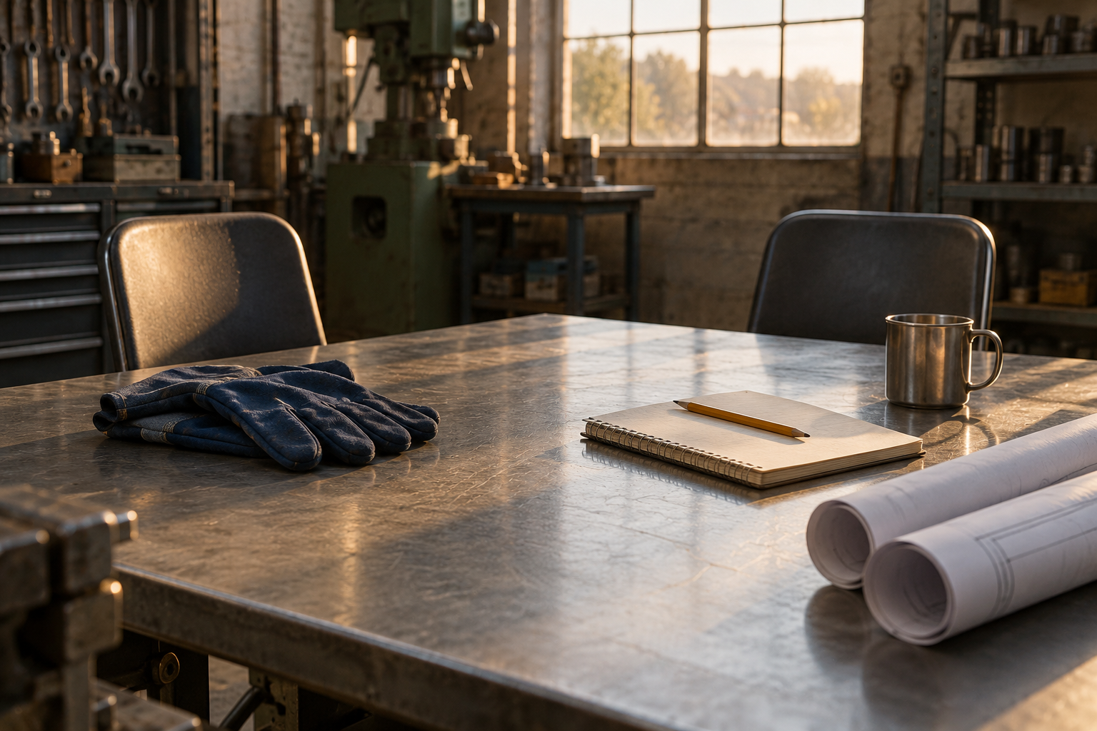 Empty chairs facing across a steel workshop table with work gloves, a notebook, pencil and rolled drawings in warm light.
