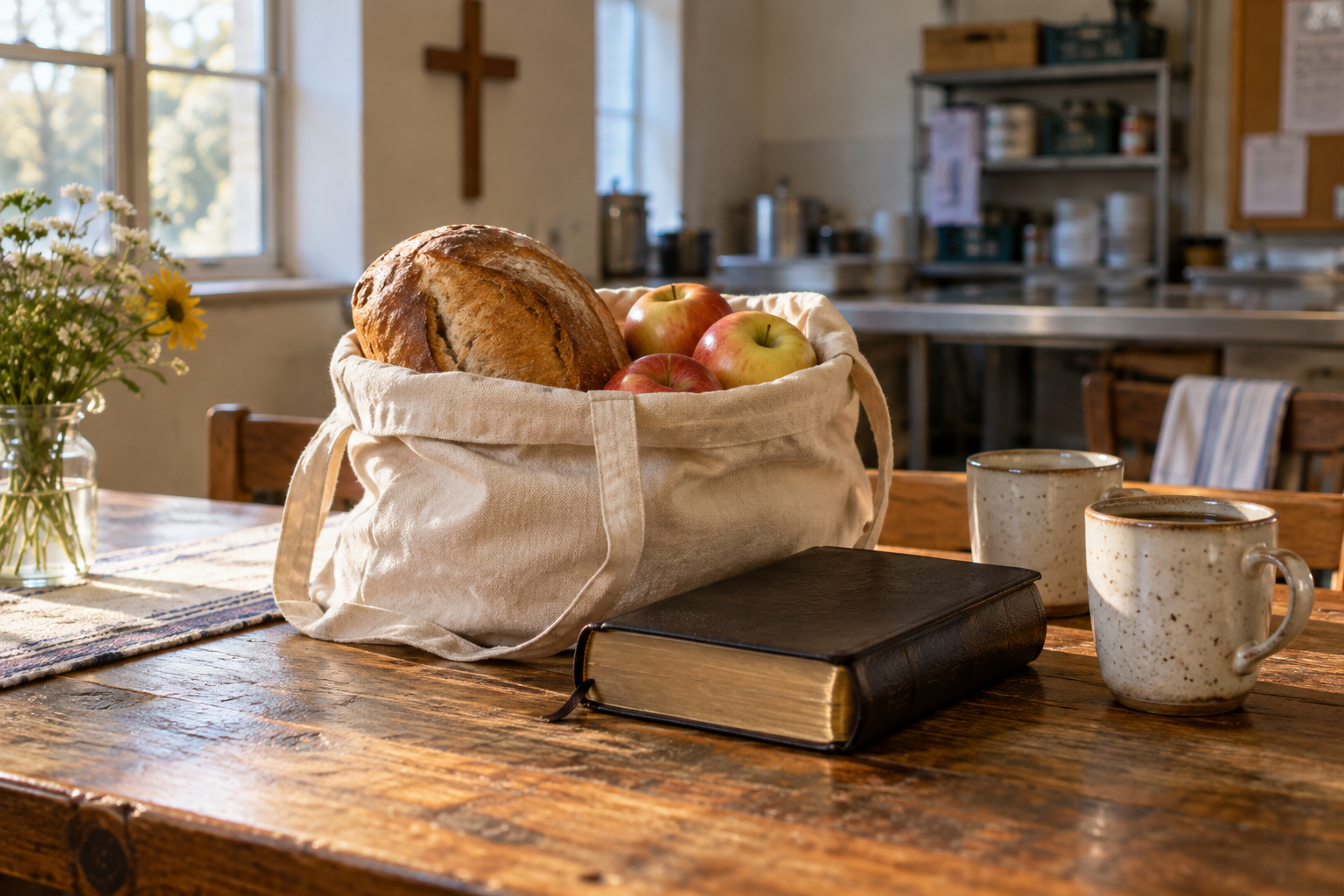 Bread and apples in a cloth bag sit beside a closed book and two ceramic cups in a church kitchen.