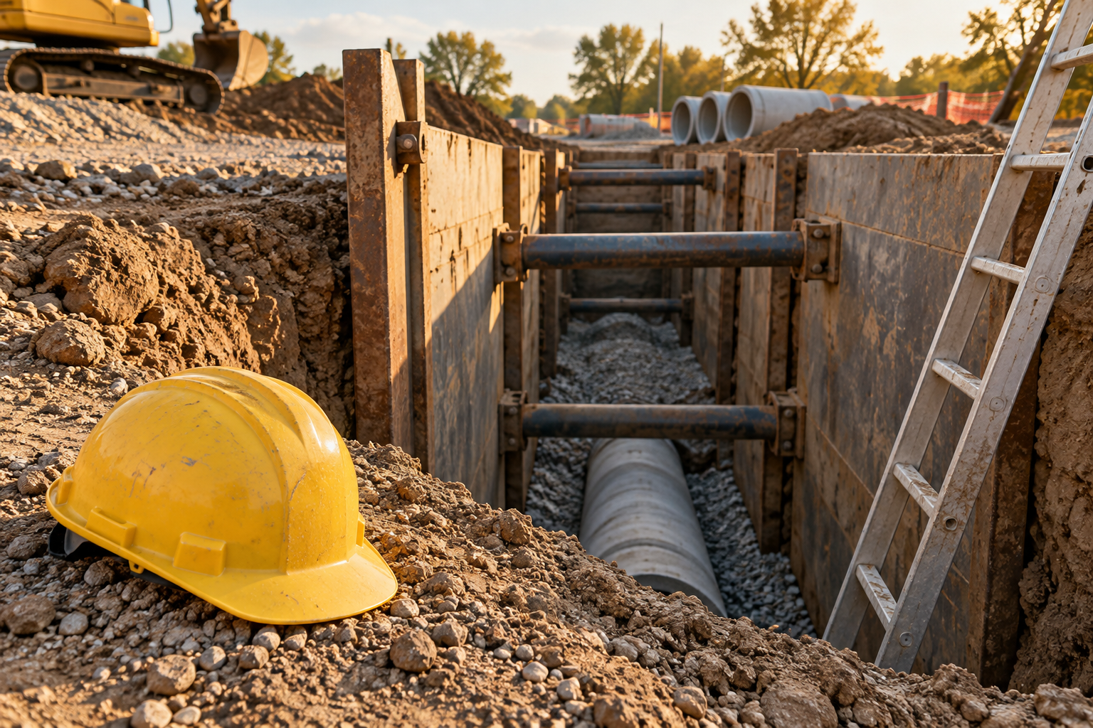 Illustrative photograph of a generic supported construction trench with a ladder and hardhat; it does not depict Always Underground or the cited work site.