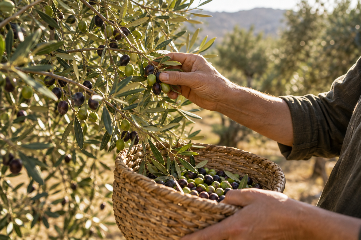 Illustrative photograph of anonymous hands gathering olives in an unnamed grove; it does not depict Taybeh, its residents, or the reported attack.