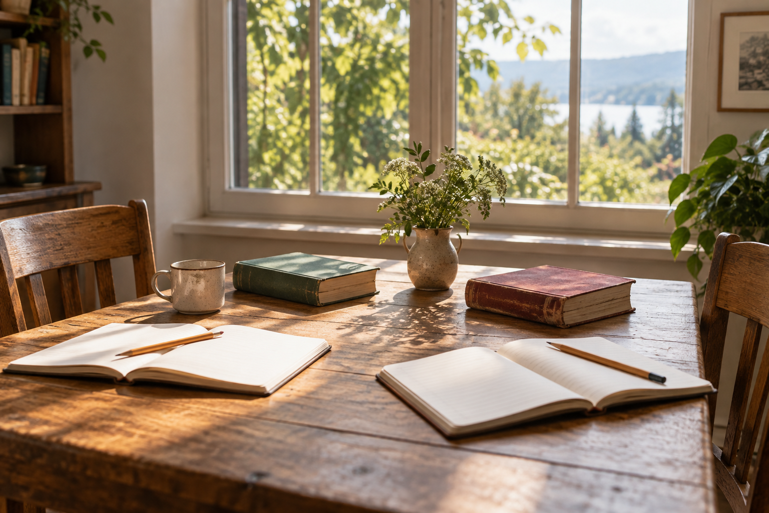 Two open notebooks, pencils and worn clothbound books sit on a sunlit study table beside wooden chairs.