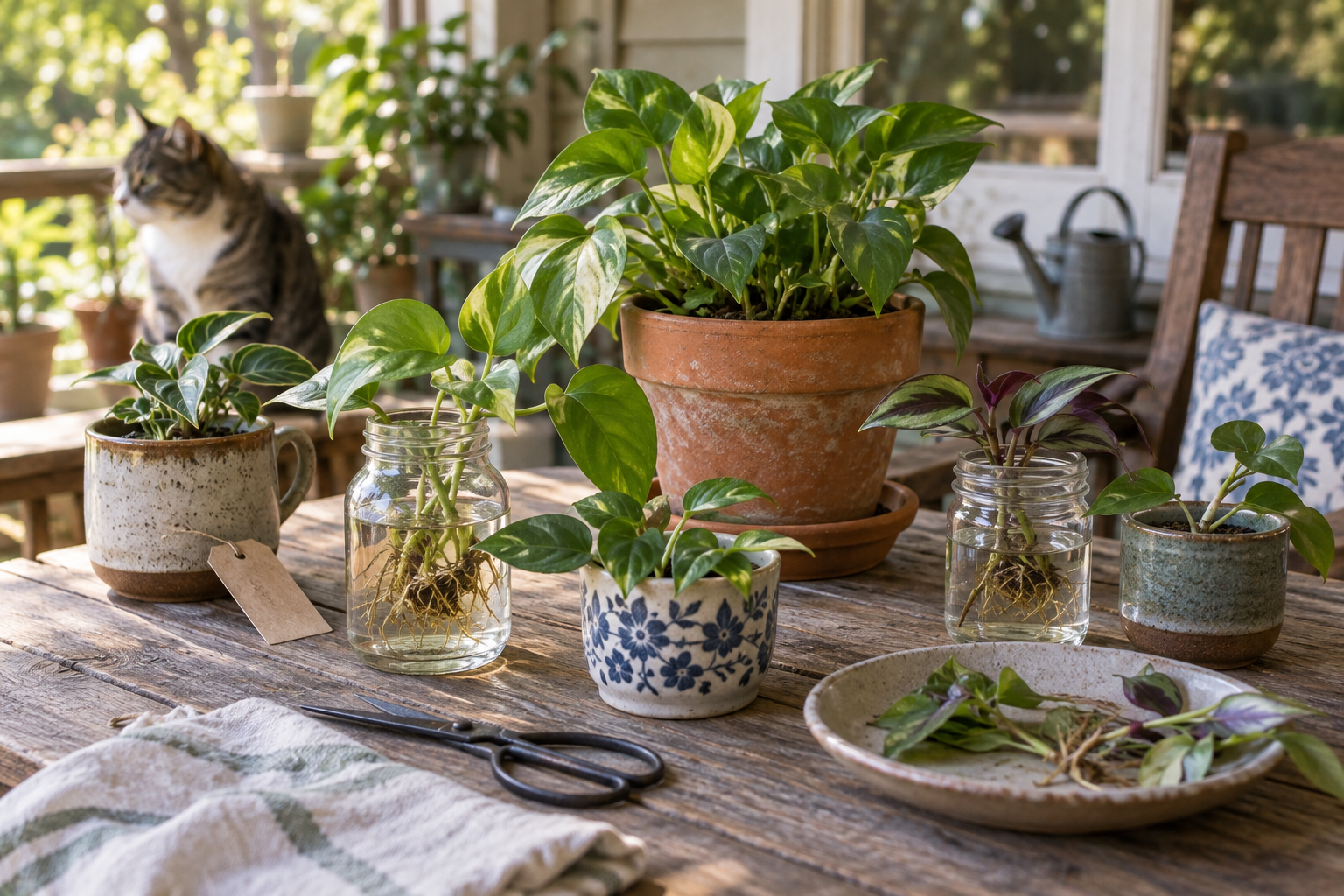 Small leafy plants in reused pots and glass jars sit with plant tags on a sunlit wooden table.