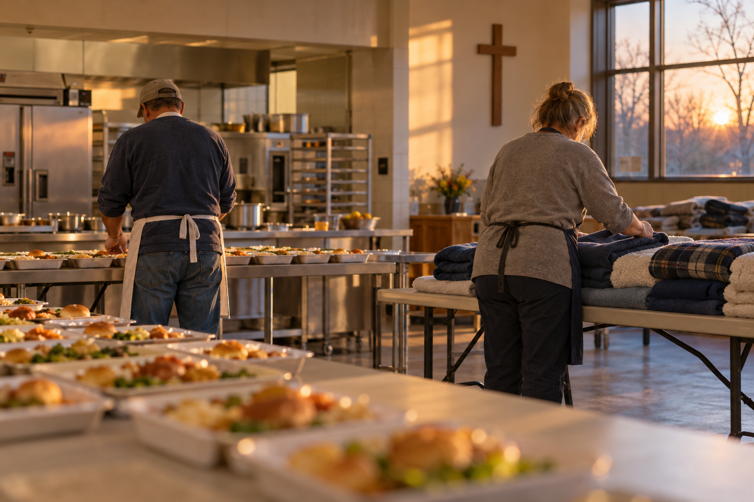 Illustrative photograph of anonymous volunteers preparing food and blankets in a generic church kitchen; it does not show Calvary, Arundel House of Hope or actual guests.