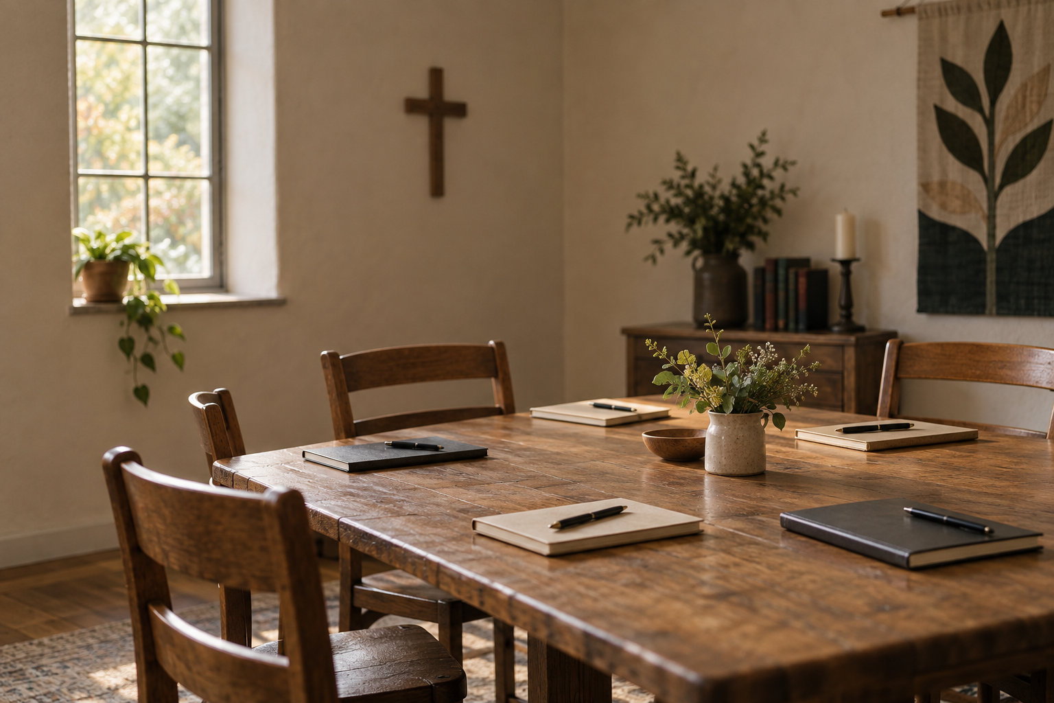 An empty church training table with closed notebooks and a cross in the background; an illustrative photograph, not the conference venue or attendees.