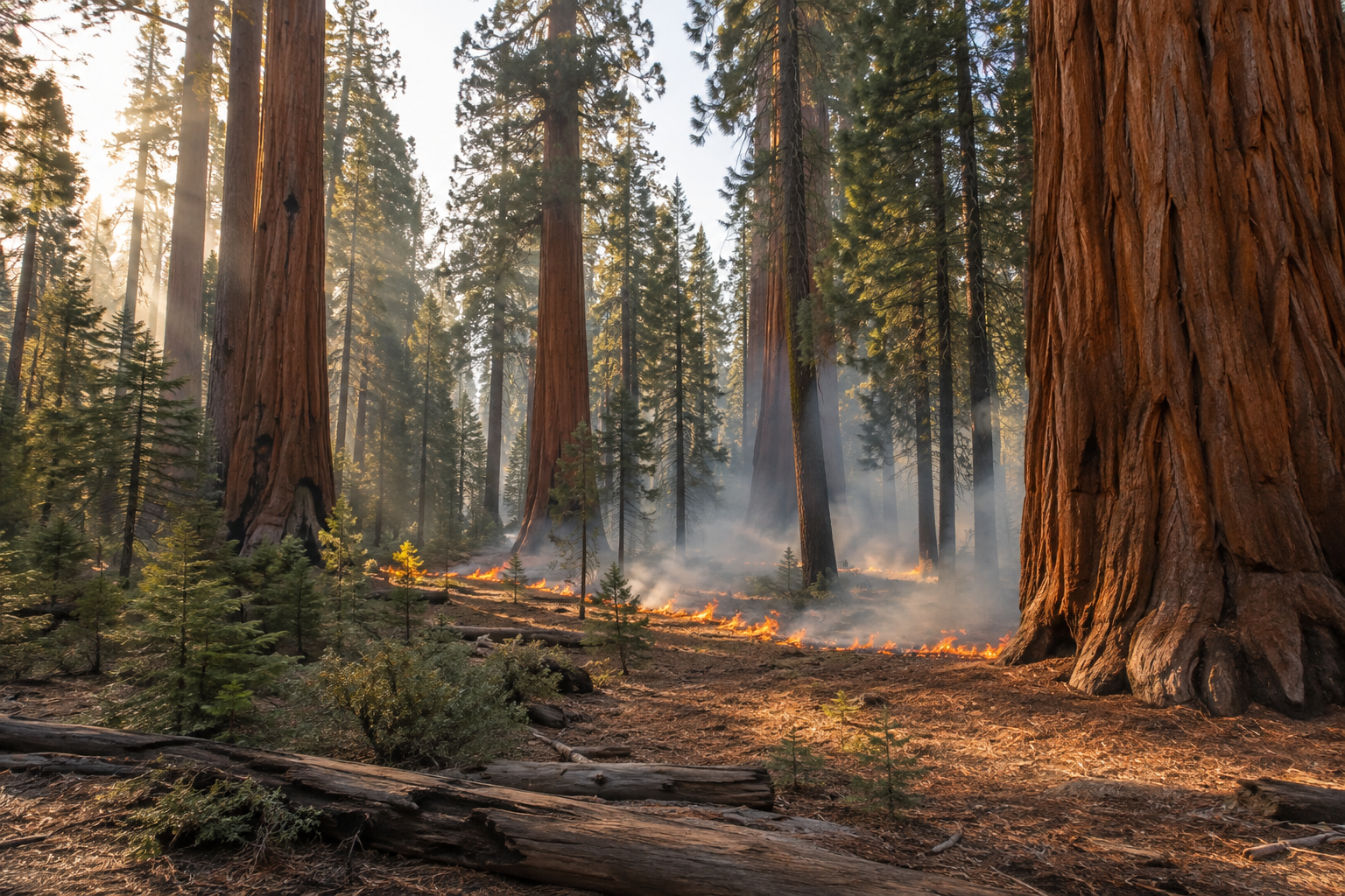 Low fire and light smoke among giant sequoias at sunrise; an illustrative photograph, not the planned Grant Grove burn.