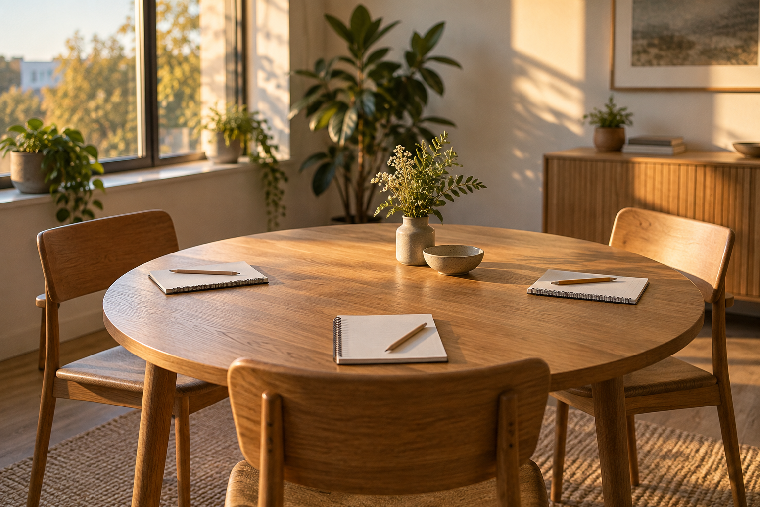 Three empty wooden chairs surround a round table with blank notebooks and pencils in warm window light.