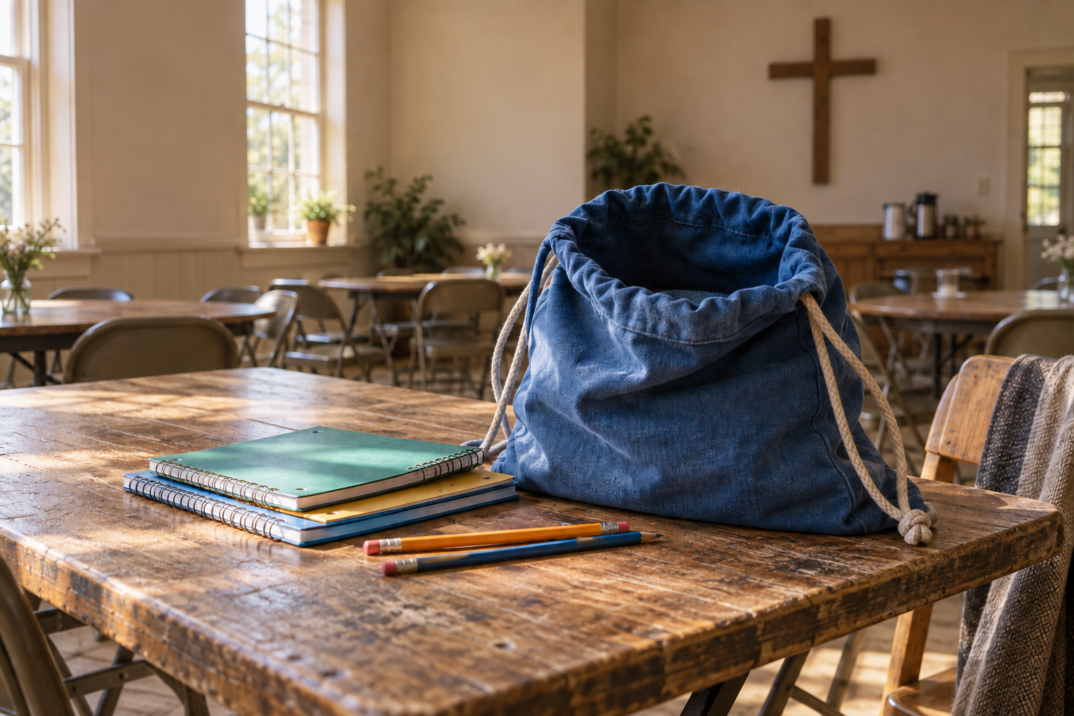 A blue drawstring bag, notebooks and pencils rest on a wooden table in an empty church fellowship hall.
