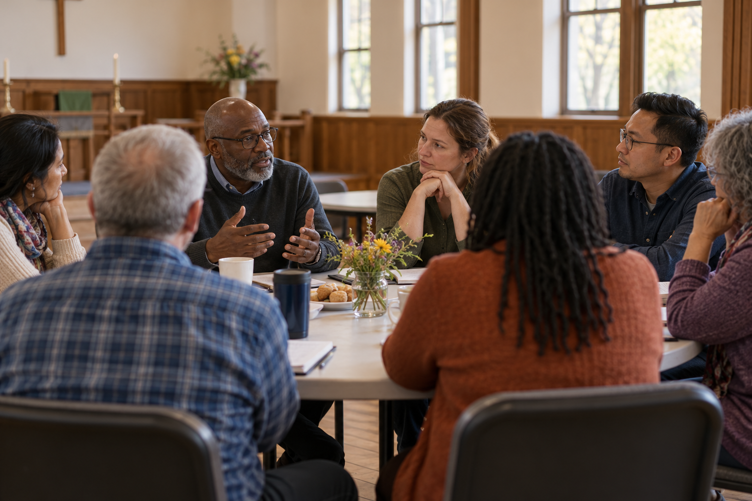 Illustrative photograph of anonymous adults listening around a table in a generic church community hall; it does not show Jerry Pillay or the public-theology conference.
