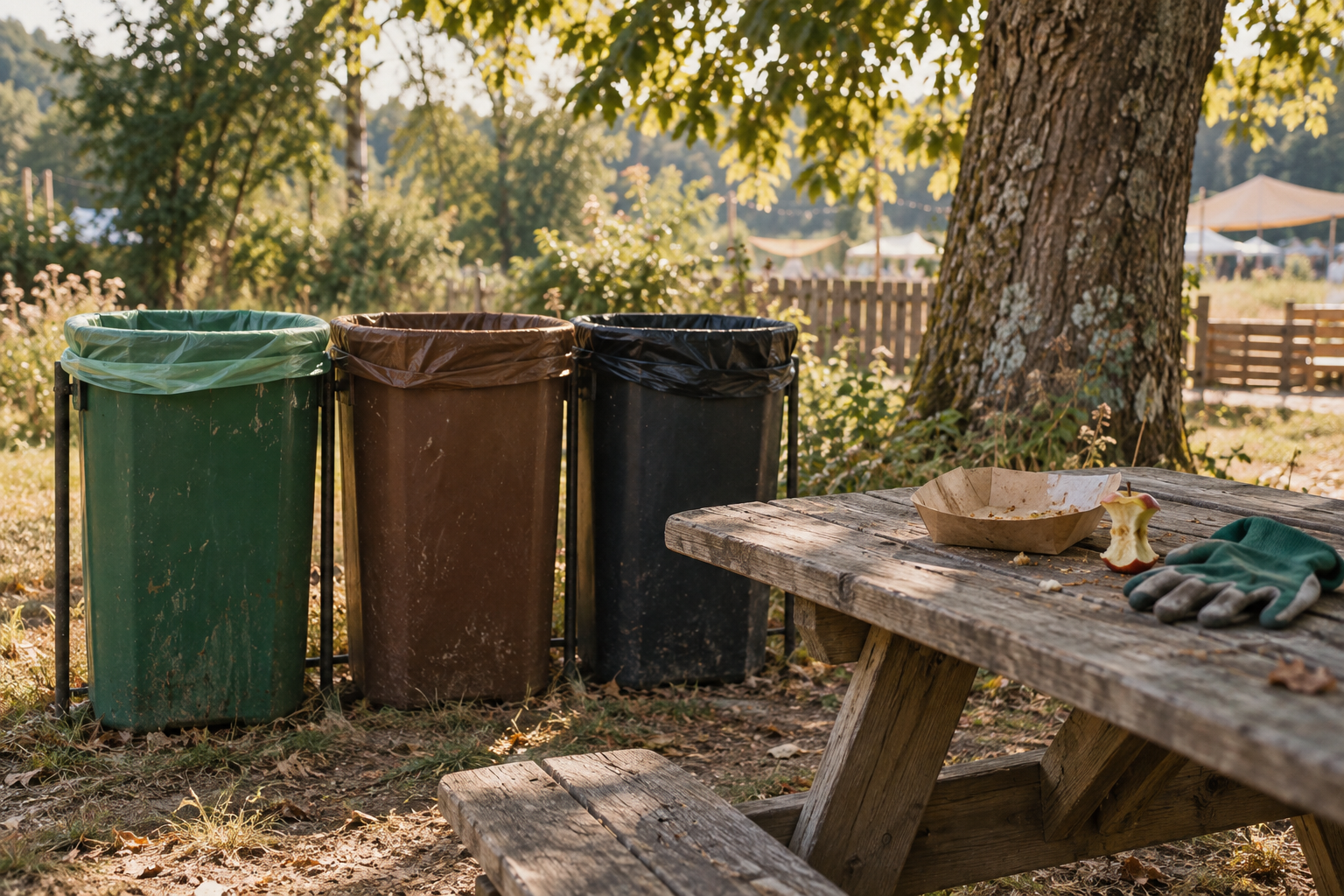 Three outdoor bins stand beside a picnic table with a used food tray, apple core and work gloves.