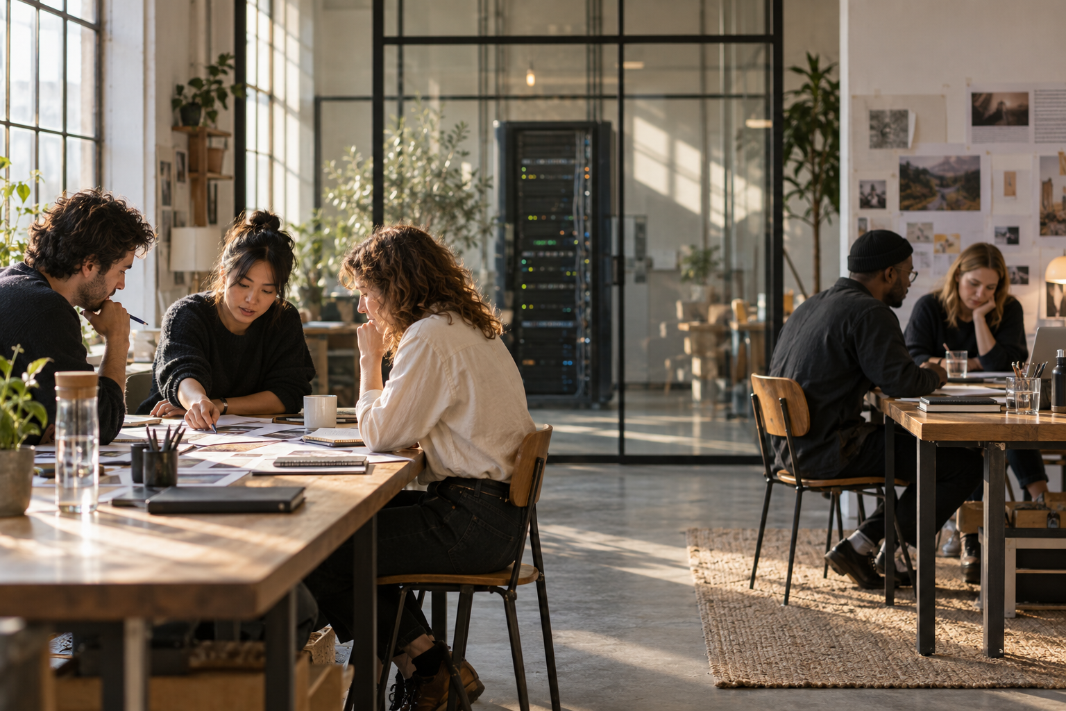Illustrative photograph of two separate creative teams working beside a shared server cabinet in a sunlit studio; it does not depict Publicis or LiveRamp.