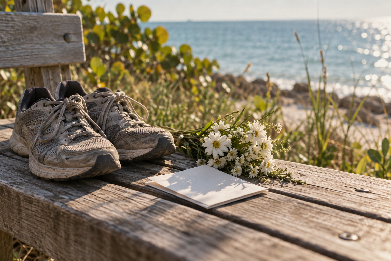 Worn walking shoes, white flowers and folded paper rest on a wooden bench beside coastal water.
