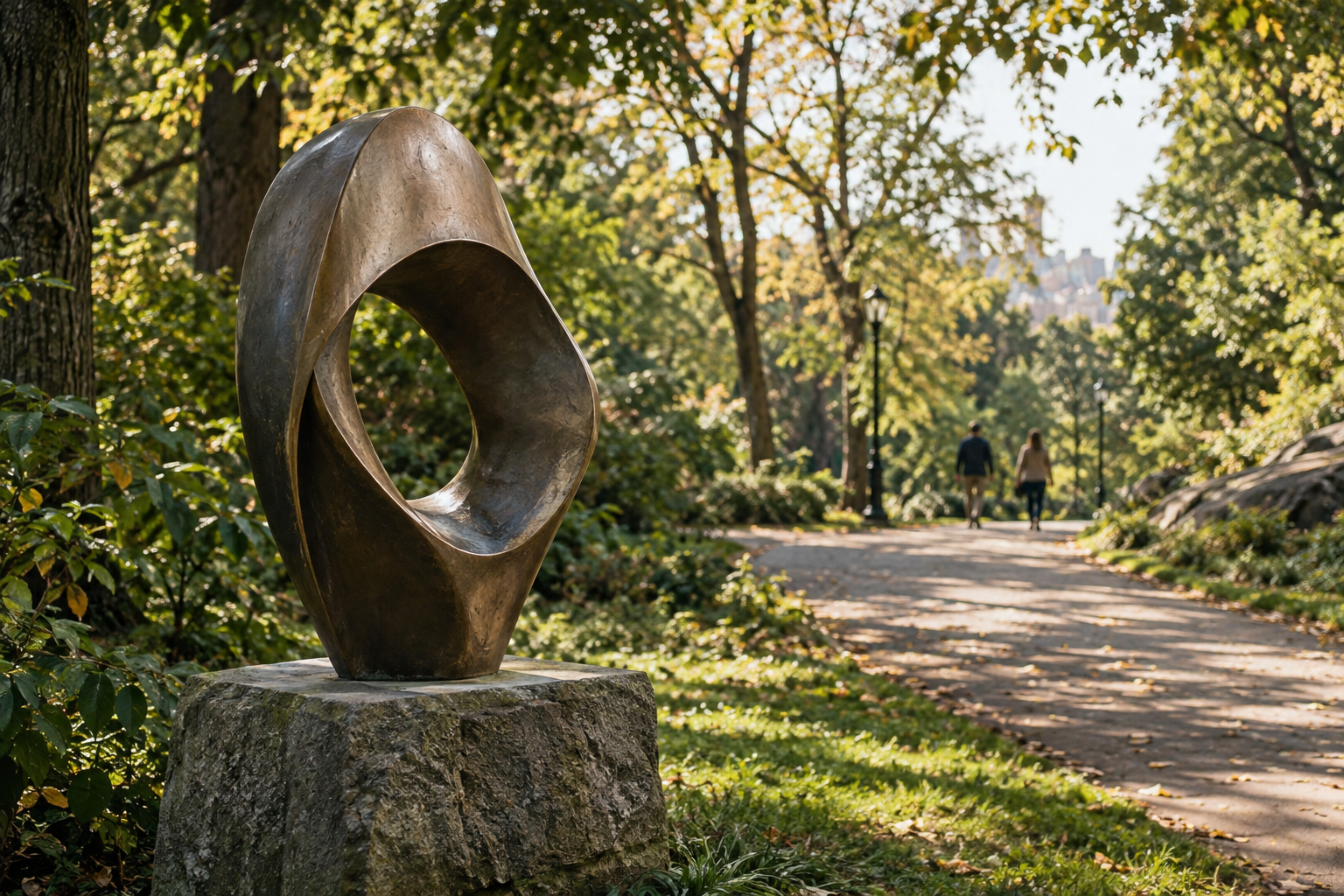 Abstract metal sculpture beside a tree-lined public path; an illustrative photograph, not Riverside Park or any of the four works.