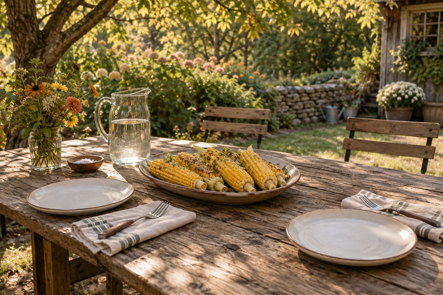A platter of corn, two empty plates and a pitcher of water sit on an outdoor wooden table beside empty chairs.