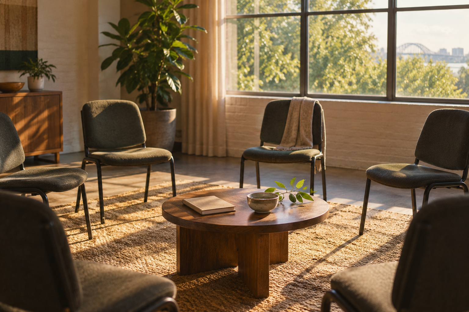 Empty chairs arranged around a low table with a plain notebook and water bowl by a window in warm morning light.