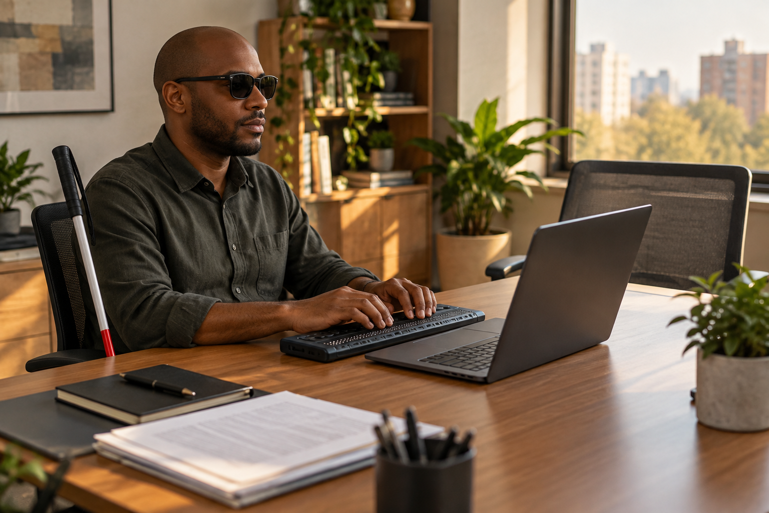 Illustrative photograph of an anonymous professional using a braille display at a generic work desk; the person and workplace are not connected to the Solera lawsuit.