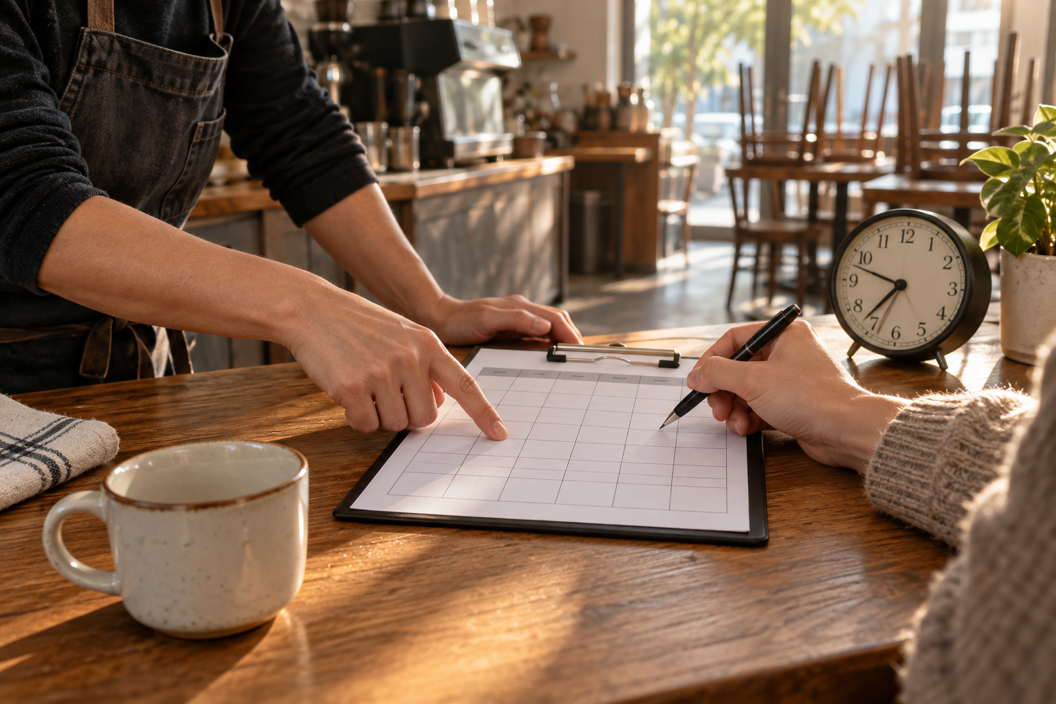 Illustrative photograph of two people reviewing a blank café shift schedule; it does not depict Hungry Ghost Coffee or the employee in the EEOC case.