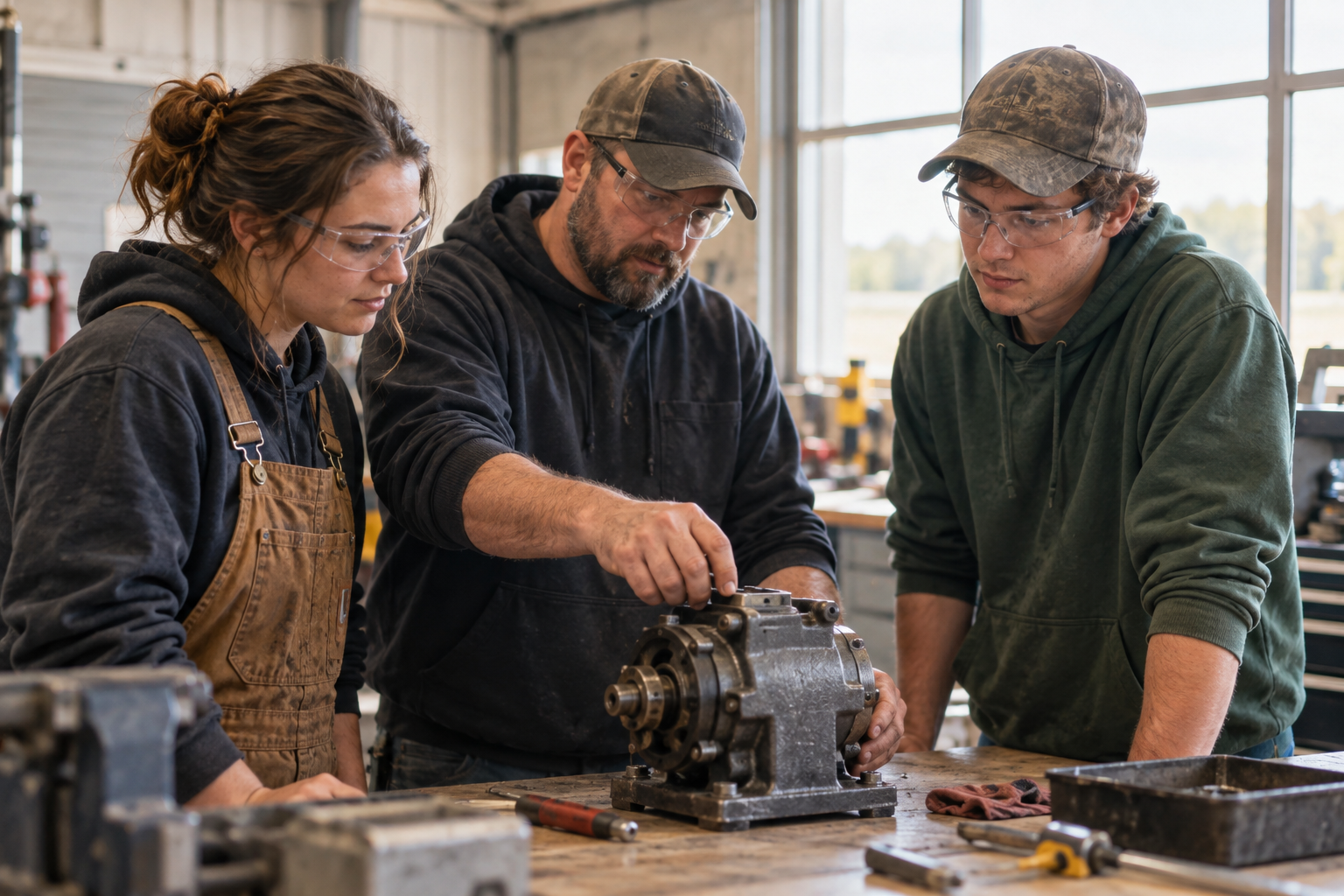Three adults examining unbranded equipment in a daylight workshop; an illustrative photograph, not an Iowa grant recipient or program site.