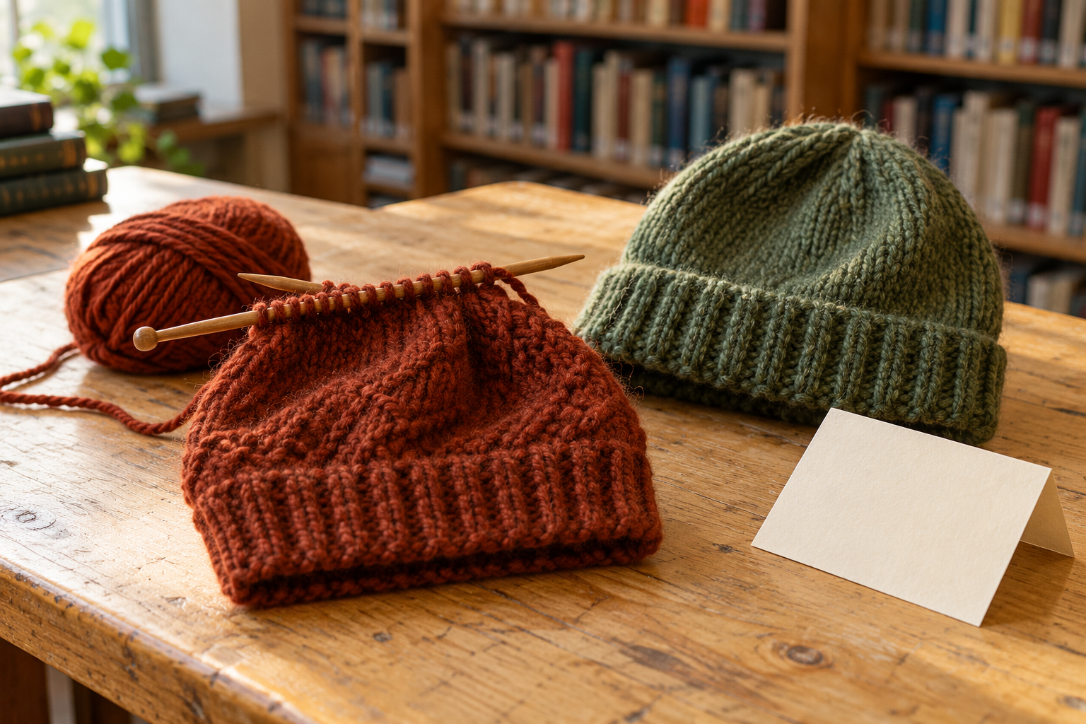 Rust and green knitted hats, wooden needles, yarn and a blank card on a sunlit library table.