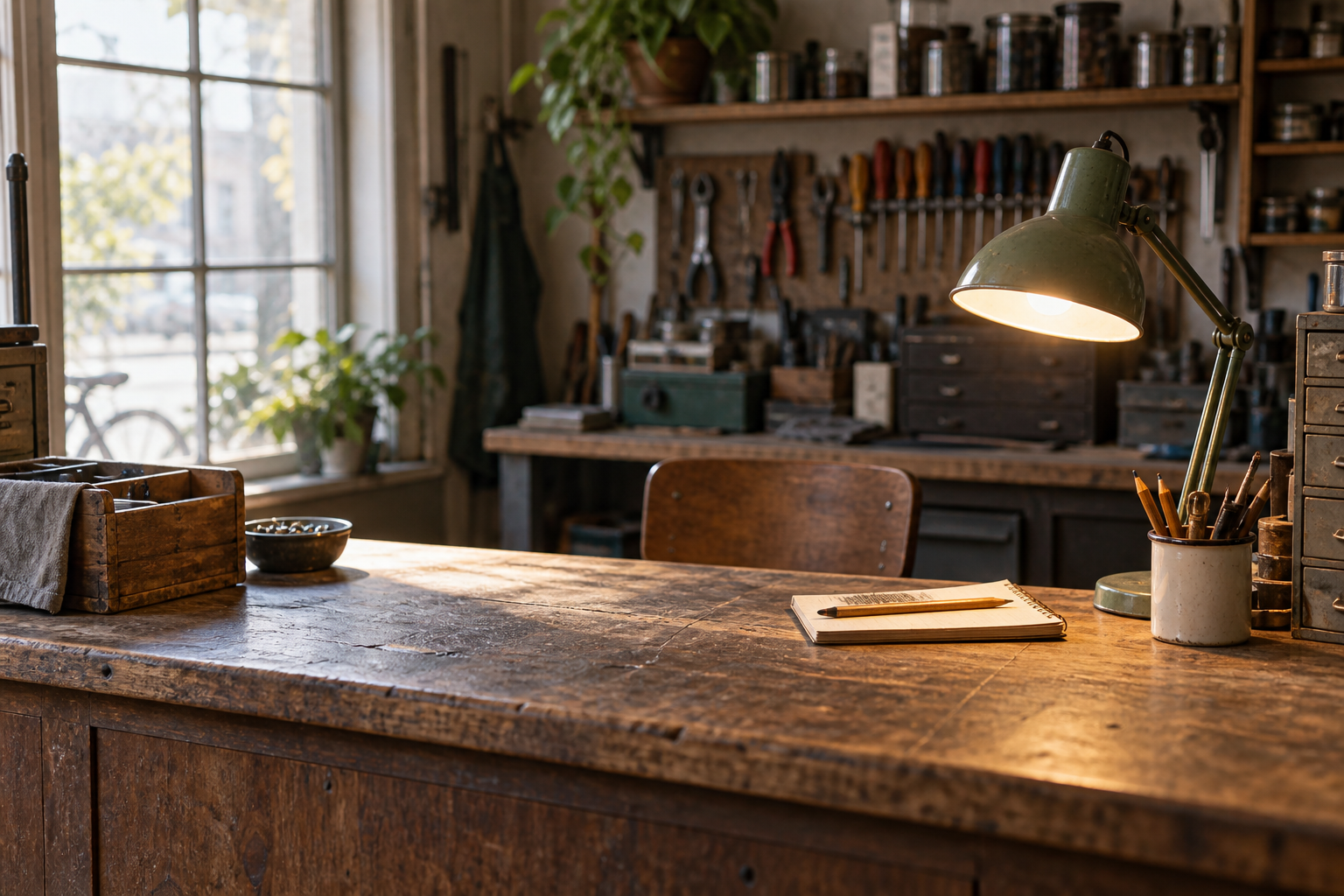 A lit desk lamp and notebook stand on a worn wooden service counter with tools behind it.