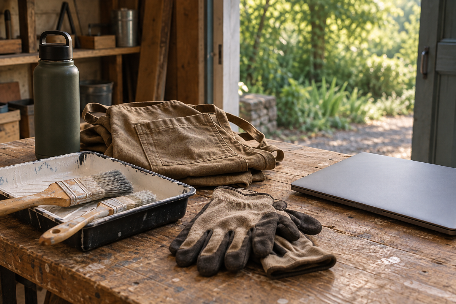 Paintbrushes, an apron, gloves, a water bottle and a closed laptop rest on a sunlit workshop bench.