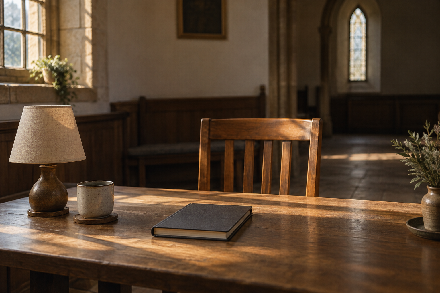 Illustrative photograph of an empty chair and closed notebook at a sunlit church table; no victim, perpetrator, official or actual gathering is shown.