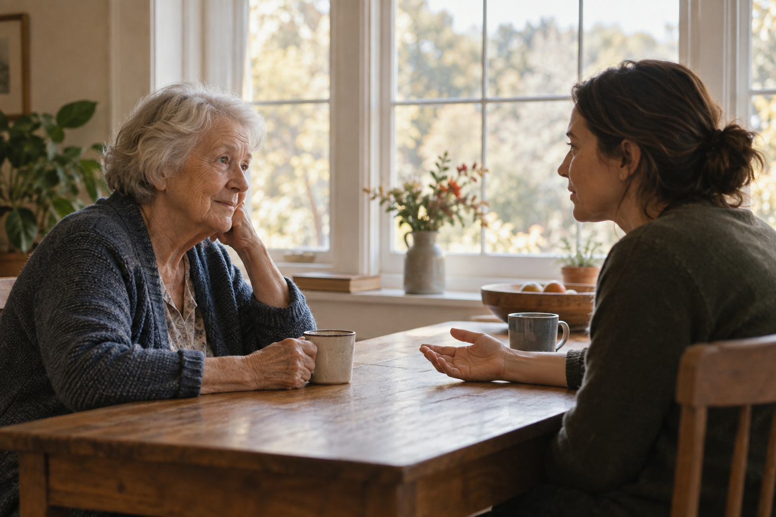 An older woman and a younger visitor in conversation across a table by a window; an illustrative photograph, not participants in the reported workshop.