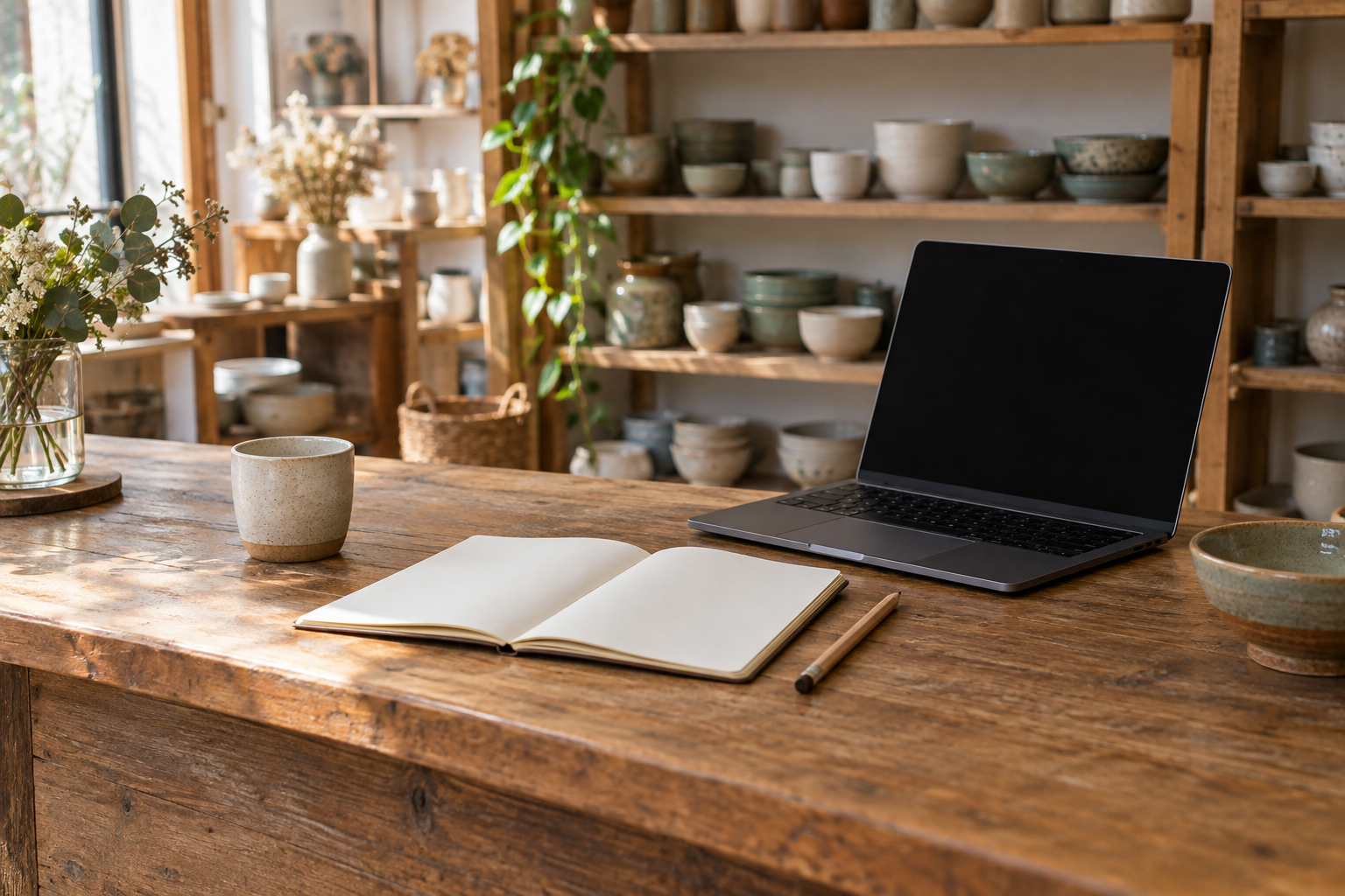 A blank notebook, pencil, ceramic cup and open laptop sit on a sunlit shop counter in front of pottery shelves.