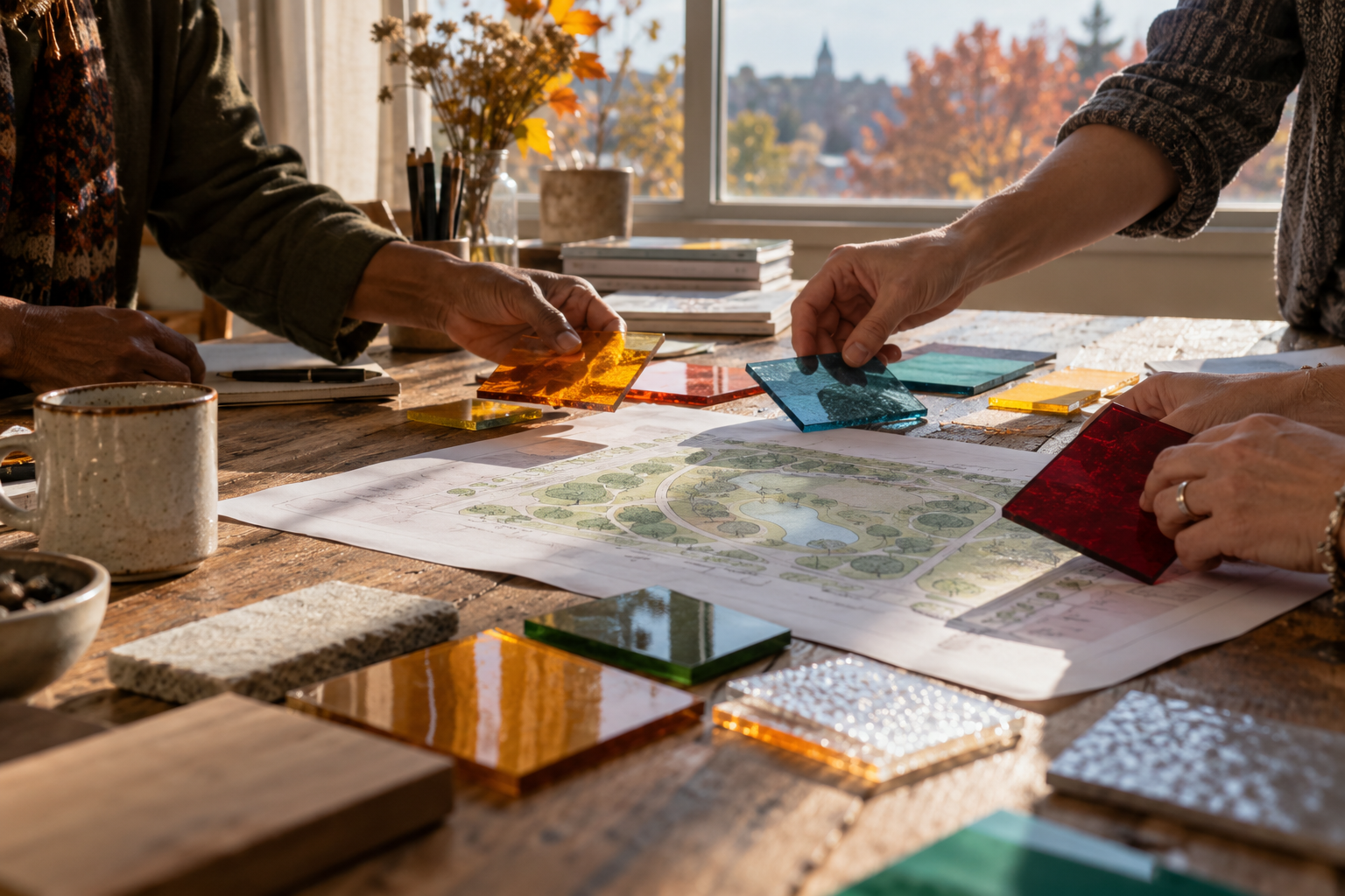 Hands arranging colored translucent acrylic samples over a park plan in a warm sunlit workshop; an illustrative photograph, not the Rockville event.