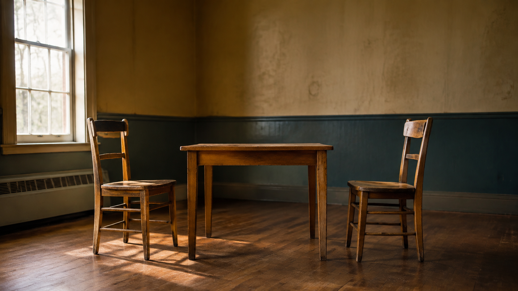 Two empty wooden chairs face each other across a table in a sunlit room.