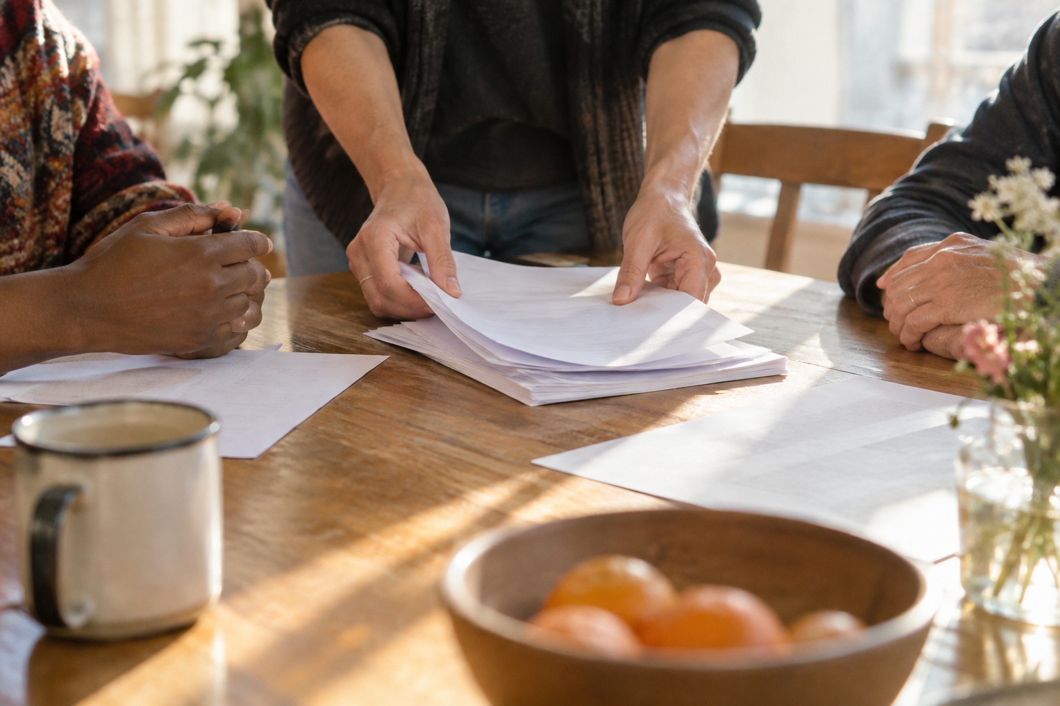 Illustrative photograph of several people's hands around a table with blank survey pages; it does not depict the study's researchers or respondents.