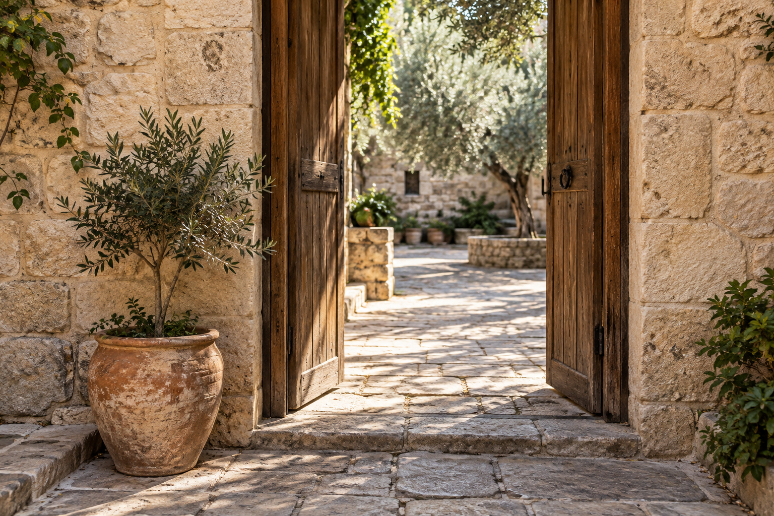 An open wooden doorway leads into a sunlit stone courtyard beside an olive sapling in a terracotta pot.