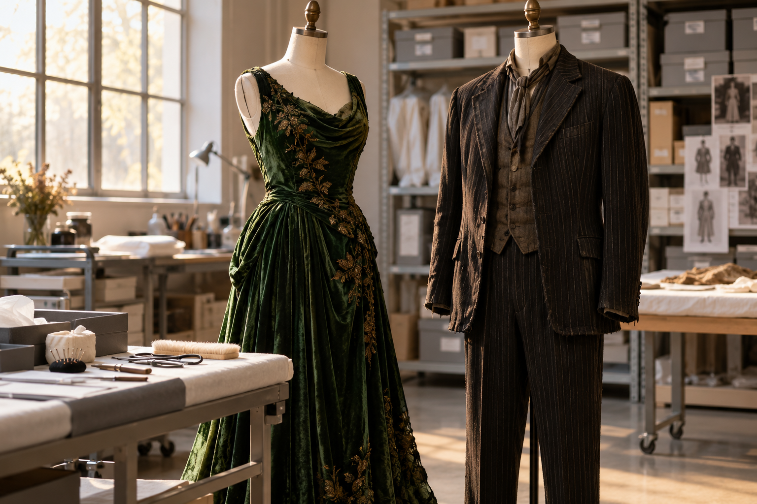 Illustrative photograph of a green theatrical dress and a dark pinstriped suit on dress forms in a generic conservation workspace; these are not the donated Hadestown costumes.