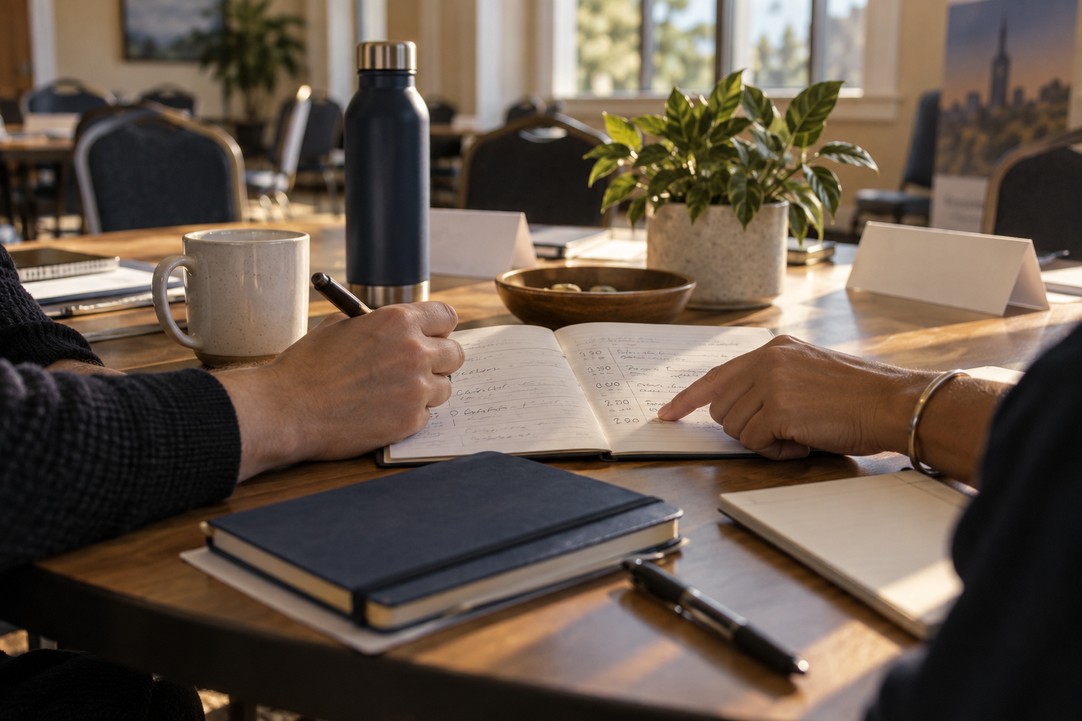 Hands reviewing a notebook at a modest conference breakout table in warm light; an illustrative photograph, not the Irvine event.