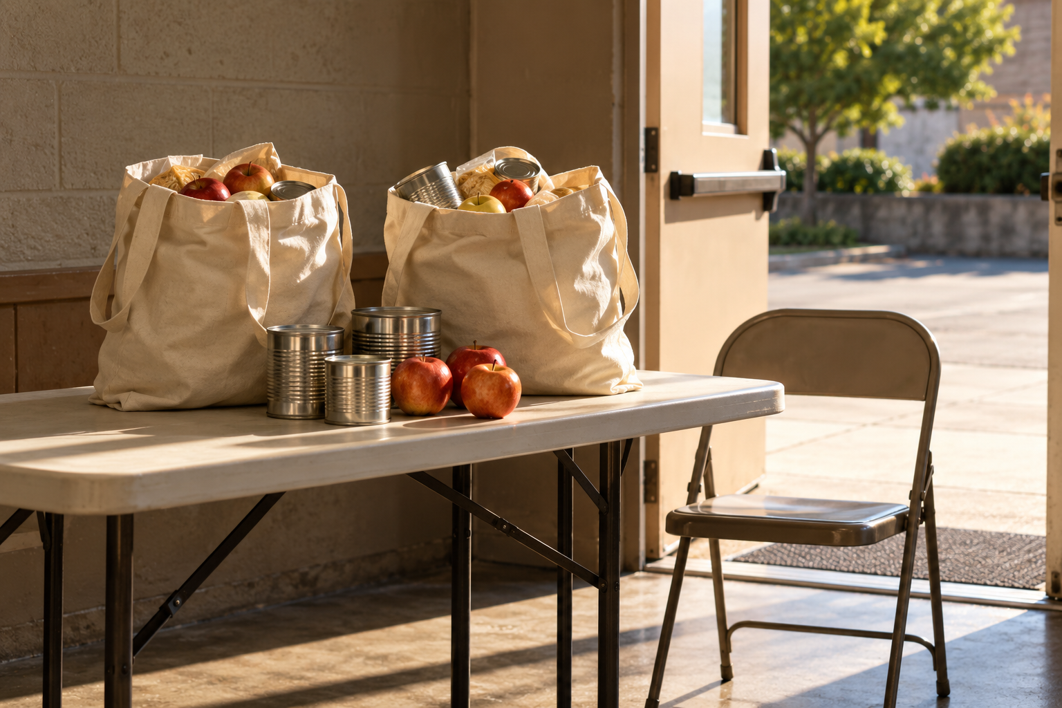 Canvas grocery bags, apples and cans on a folding table beside an empty chair and an open doorway.