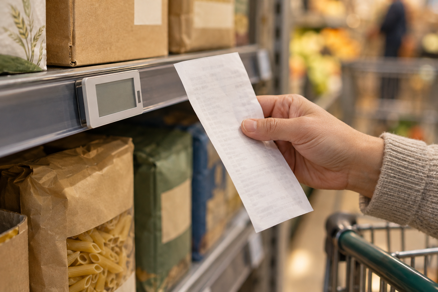 Illustrative photograph of a shopper comparing a blank electronic shelf display with a paper receipt; it does not depict Walmart or prove a pricing practice.
