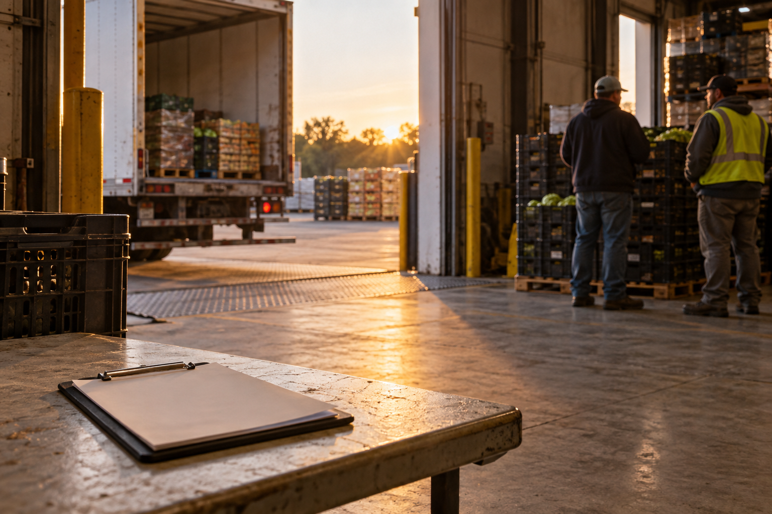 Illustrative photograph of a generic food warehouse loading dock with two workers talking in the distance and a blank clipboard; it does not show Sysco or union members.
