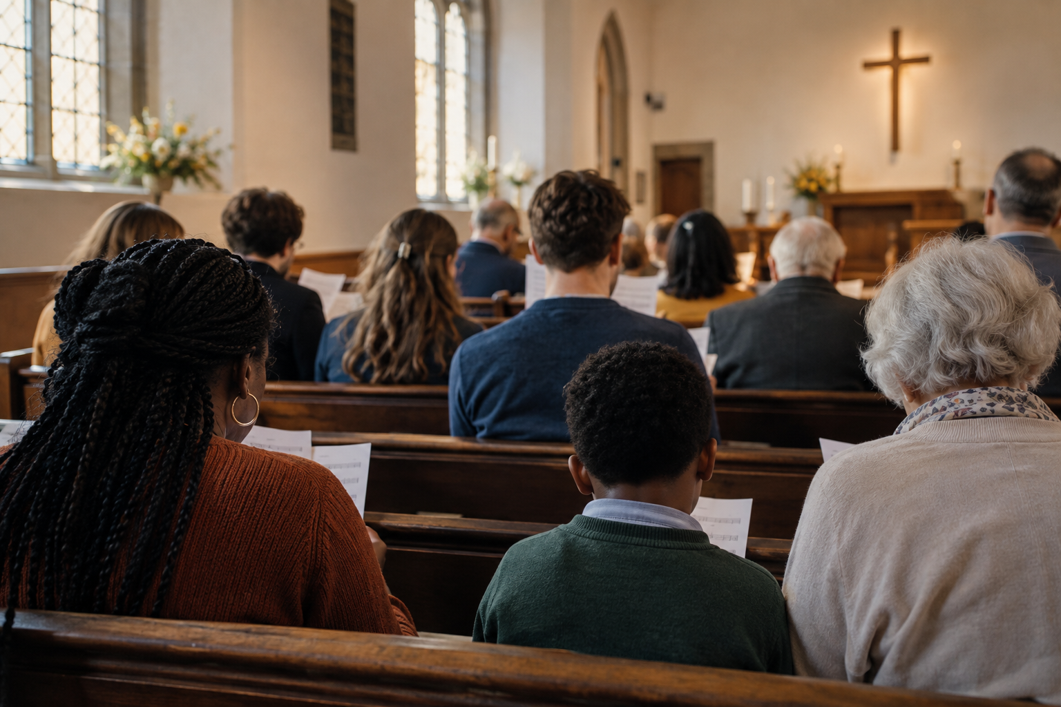 A varied congregation seen from behind with hymn sheets in a sunlit church; an illustrative photograph, not Butler Church or its October 4 service.