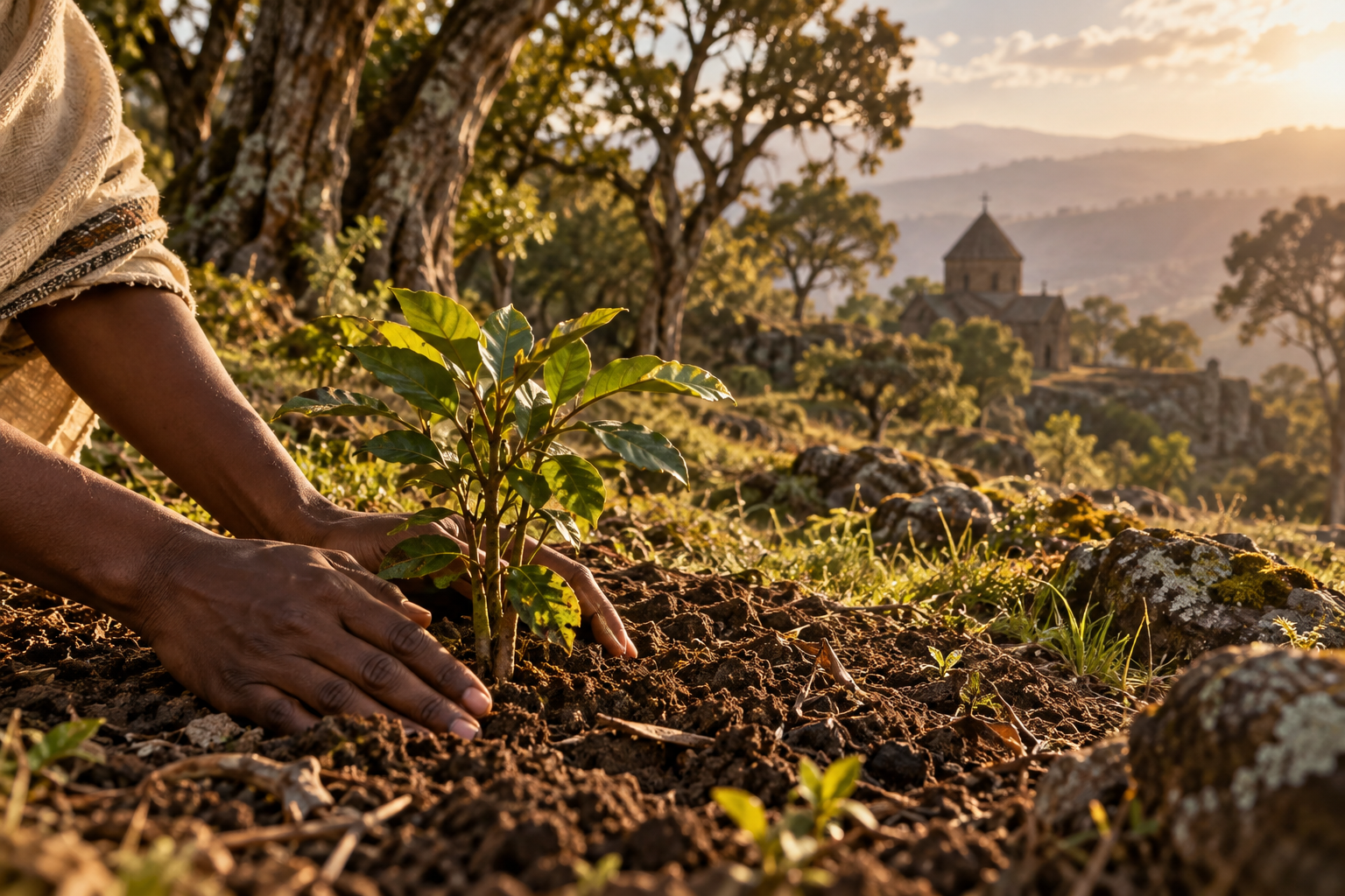 Illustrative photograph of anonymous hands tending a young tree near a distant church and mature trees; it does not depict Ethiopia's Church Forest Academy or a specific church forest.