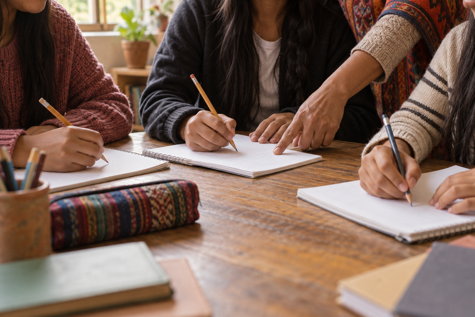 Illustrative photograph of students and a facilitator working over blank notebooks; it does not show either UNESCO prize program or its participants.
