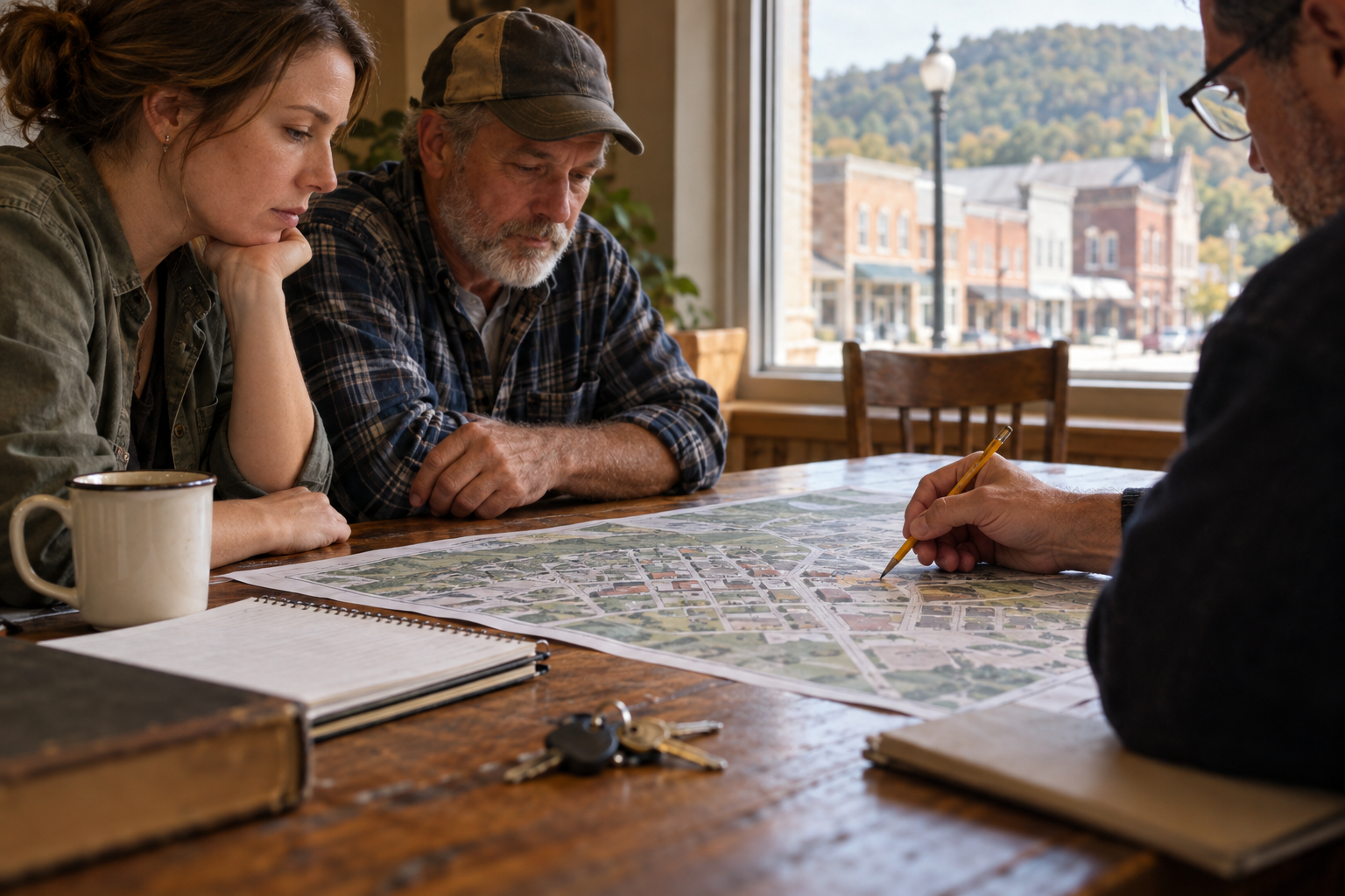 Illustrative photograph of three anonymous people reviewing an unmarked town map at a small-town table; it is not a grant meeting or a map of a specific West Virginia community.